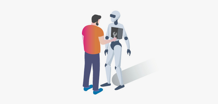 Illustration of a man repairing a robot