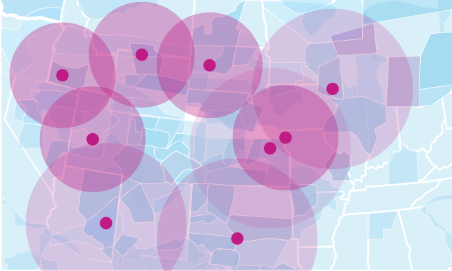 Graphic showing geo-targeting map with radiuses for gym locations