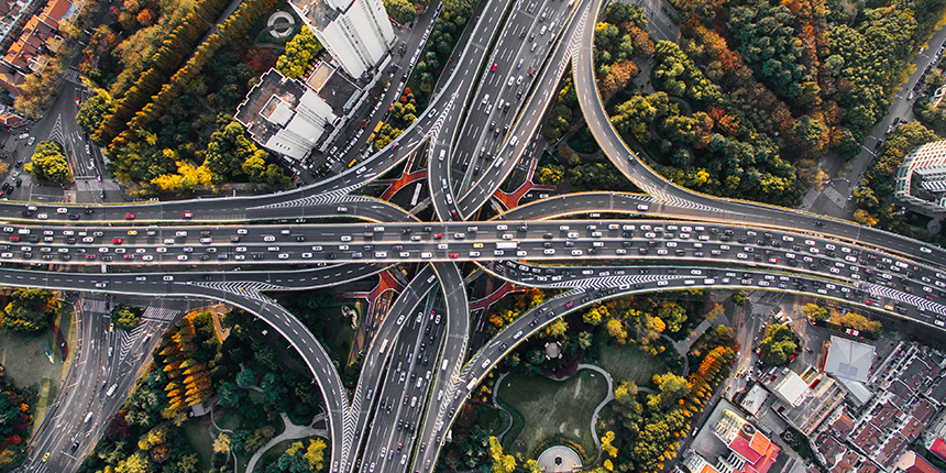 Aerial view of cars driving on a superhighway